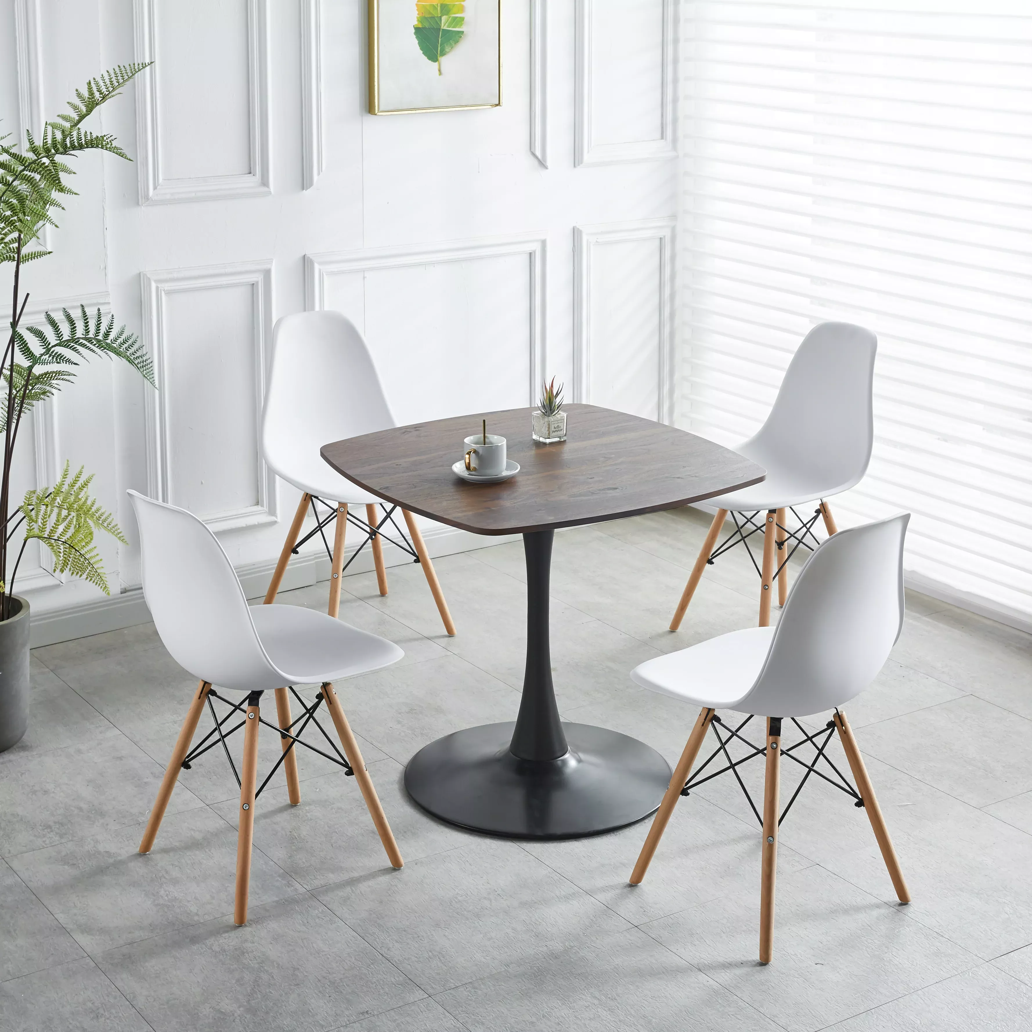 1 4,5Pieces Table And Chair,White Dining Sets,Kitchen Sets,Coffee Sets,Mdf Table And Fabric Chair White Metal