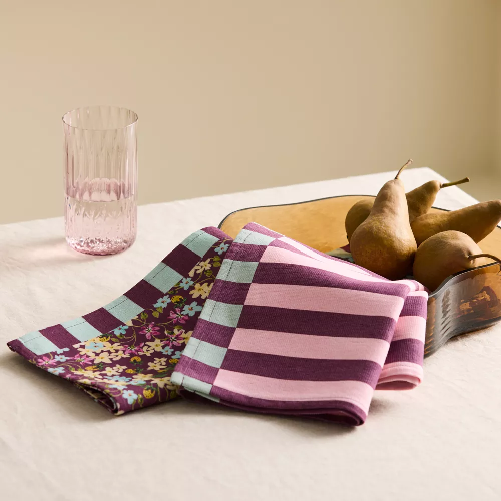 Camille Rose & Burgundy Stripe Tea Towel Pack of 2