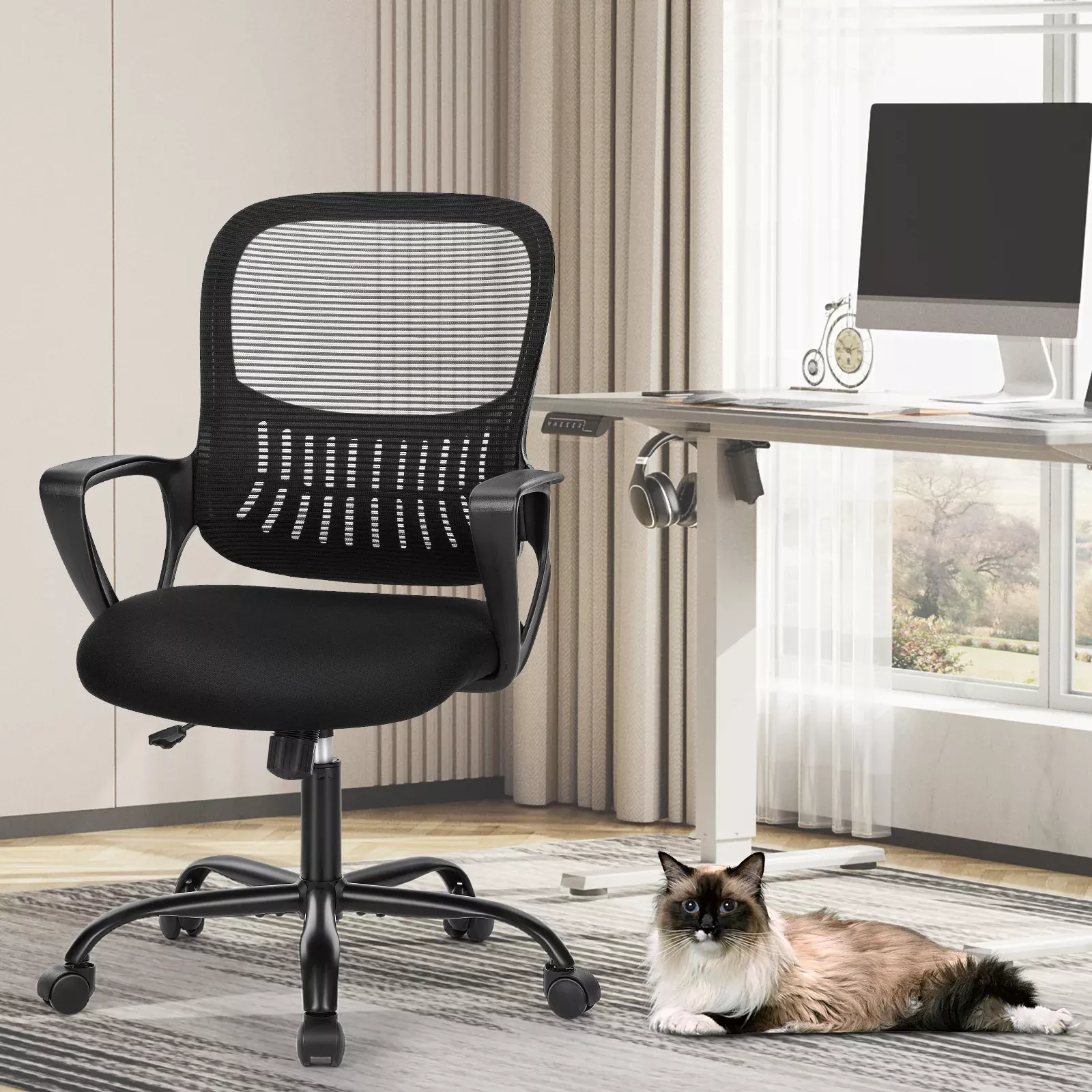 Sweetcrispy Ergonomic Office Chair Home Desk Mesh Chair With Fixed Armrest Executive Computer Chair With Soft Foam Seat Cushion Gray Nylon Mesh